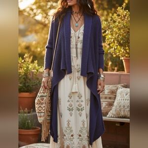 Elena Wang Blue Draped Waterfall Cardigan Sweater Boho Cottagecore Size S